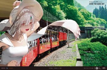 1girl altera_(fate) body_markings breasts dark-skinned_female dark_skin dress fate/grand_order fate_(series) hat highres huke medium_breasts official_art open_mouth red_eyes short_hair smile solo sun_hat train white_dress white_hair white_hat