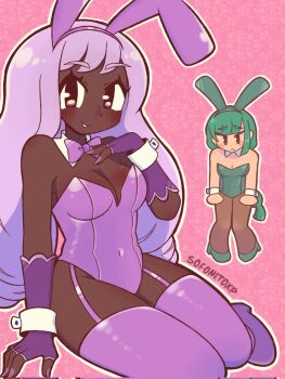 2girls animal_ears bare_shoulders black_pantyhose blush blush_stickers bow bowtie breasts cleavage closed_mouth dark-skinned_female dark_skin detached_collar frown garter_straps green_hair green_hairband green_leotard hairband highres jacinthe_(pokemon) lebanne_(pokemon) leotard long_hair looking_at_viewer low_drills medium_breasts multiple_girls nintendo pantyhose parted_lips playboy_bunny pokemon pokemon_legends:_z-a purple_bow purple_bowtie purple_eyes purple_hair purple_hairband purple_leotard purple_thighhighs rabbit_ears smile sofo_soup thighhighs very_dark_skin white_wrist_cuffs wrist_cuffs