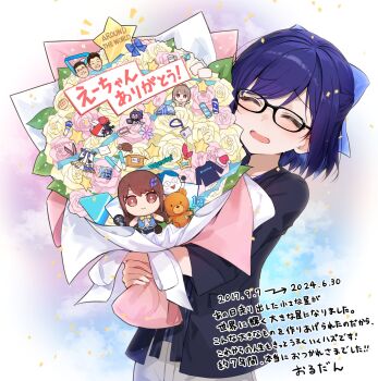 Rule 34 | 1girl, a-chan (2nd costume) (hololive), a-chan (hololive), amagai tarou, ankimo (tokino sora), black-framed eyewear, black jacket, blue bow, blue hair, bouquet, bow, bread, check translation, closed eyes, commentary, english commentary, flower, food, foreground text, glasses, grey pants, hair bow, half updo, harusaki nodoka, harusaki nodoka (1st costume), highres, holding, holding bouquet, hololive, hololive idol uniform (origin), jacket, lanyard, mario (series), mario kart, melon bread, mixed-language commentary, nintendo, official alternate costume, open mouth, pants, short hair, solo, standing, swept bangs, tearing up, tears, three-quarter sleeves, tokino sora, tokino sora (old design), translation request, virtual youtuber, walfie (style), yagoo