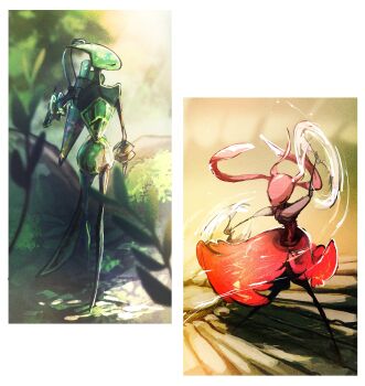 Rule 34 | 2girls, ant girl, antennae, arthropod girl, black eyes, black skin, bracelet, colored skin, commentary, day, dress, dual wielding, dynamic pose, full body, highres, holding, holding weapon, hollow knight, hollow knight: silksong, horned mask, jewelry, looking to the side, mask, multiple girls, ocohc, outdoors, red dress, shade, shakra (hollow knight), sidelighting, skarrsinger karmelita (hollow knight), spinning weapon, standing, symbol-only commentary, weapon