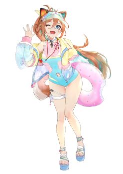Rule 34 | 1girl, absurdres, animal ears, aqua hair, bandaid, bandaid on face, bandaid on nose, brown hair, clothing cutout, colored inner hair, dog ears, dog girl, dog tail, eyeshadow, fang, feet, green eyes, hair ornament, hair scrunchie, harutask, highres, jacket, knees together feet apart, legs, lifeguard, makeup, mascot, miyoshino shiki, multicolored hair, multicolored nails, nail polish, navel cutout, off shoulder, official alternate costume, official alternate hairstyle, one-piece swimsuit, paw print, ponytail, power symbol, prism project, prosthetic ear, sandals, scrunchie, second-party source, see-through clothes, see-through one-piece swimsuit, see-through sleeves, skin fang, solo, streaked hair, swimsuit, tail, thigh strap, toenail polish, toenails, toes, virtual youtuber, visor cap, whistle