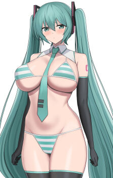 1girl aqua_eyes aqua_hair aqua_necktie bare_shoulders bikini blush breasts cleavage detached_sleeves gloves hatsune_miku headset highres higofushi large_breasts long_hair looking_at_viewer necktie solo swimsuit thighhighs twintails very_long_hair vocaloid