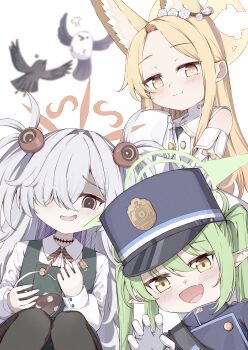 3girls absurdres animal_ears bird black_pantyhose blonde_hair blue_archive blue_hat blush brown_halo brown_ribbon collared_shirt commentary_request dress fang flower fox_ears fox_girl gloves green_hair green_halo grey_hair hair_between_eyes hair_flower hair_ornament hair_over_one_eye halo hat highres kanoe_(blue_archive) kyouwashi long_hair long_sleeves looking_at_viewer multiple_girls neck_ribbon nozomi_(blue_archive) orange_eyes pantyhose pinafore_dress pointy_ears ribbon school_uniform seia_(blue_archive) shirt skin_fang sleeveless sleeveless_dress smile twintails white_background white_dress white_flower white_gloves white_shirt yellow_eyes yellow_halo