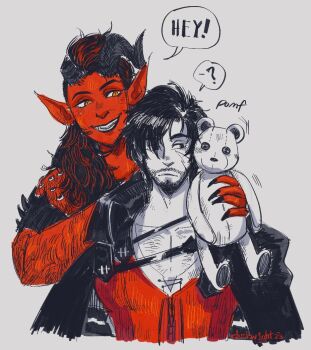 Rule 34 | 1boy, 1girl, ?, artist name, baldur's gate, baldur's gate 3, beard, body piercings, cape, chest hair, clive rosfield, colored skin, demon horns, demon tail, facial hair, final fantasy, final fantasy xvi, fingernails, hair over one eye, horns, karlach, monochrome, muscular, muscular female, name connection, red hair, red skin, scar, scar on face, sharp fingernails, smile, spoken question mark, spot color, stuffed animal, stuffed toy, sul-ponticello, tail, teddy bear, tiefling, upper body