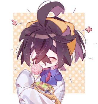 1boy :3 ahoge bag blueberry_academy_school_uniform candy closed_eyes closed_mouth crossed_bangs food hairband highres holding holding_bag holding_candy holding_food holding_lollipop huge_ahoge jacket kieran_(pokemon) lollipop mole mole_on_neck nintendo pokemon pokemon_sv r127125 school_uniform sleeves_past_fingers sleeves_past_wrists smile solo thick_eyebrows white_jacket yellow_hairband