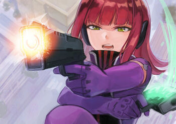 1girl breasts commentary crossed_hands dual_wielding elbow_gloves flipped_hair gloves green_eyes gun headphones holding holding_gun holding_weapon katori_squad&#039;s_uniform katori_youko long_hair long_sleeves purple_gloves red_hair short_sleeves solo sonoda_(mzm) string thighhighs turtleneck weapon world_trigger