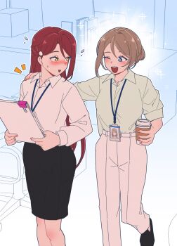 2girls :d absurdres aged_up alternate_hairstyle bad_id bad_twitter_id binder_clip black_footwear black_skirt blue_background blue_eyes blush bright_pupils brown_hair chair collarbone collared_shirt cup disposable_coffee_cup disposable_cup dress_shirt eye_contact feet_out_of_frame foot_out_of_frame green_shirt hand_on_another's_shoulder highres holding holding_cup holding_paper id_card indoors lanyard long_hair long_sleeves looking_at_another love_live! love_live!_sunshine!! multiple_girls notice_lines office office_chair office_lady one_eye_closed open_mouth orange_eyes outline paper paper_stack pencil_skirt photo_(object) red_hair rlqns9995 sakurauchi_riko shirt shirt_tucked_in skirt smile sparkle sparkling_aura standing swivel_chair watanabe_you white_outline white_pupils white_shirt working yuri