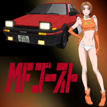 1girl absurdres angel_wings ass bikini breasts car collar crop_top elbow_gloves gloves highres initial_d makeup medium_breasts mf_ghost motor_vehicle panties race_queen saionji_ren solo swimsuit toyota toyota_sprinter_trueno underwear white_panties wings
