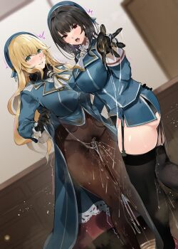 2girls absurdres aftersex atago_(kancolle) beret black_garter_straps black_gloves black_hair black_pantyhose blonde_hair blue_hat blue_jacket breasts commentary_request cum cum_in_pussy cum_on_body cum_on_fingers cumdrip_through_clothes endou_(zettai_bluenoid) garter_straps gloves green_eyes hat highres indoors jacket kantai_collection large_breasts lifting_own_clothes long_hair looking_at_viewer military_hat military_jacket military_uniform multiple_girls pantyhose red_eyes short_hair smile takao_(kancolle)