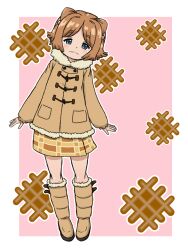 Rule 34 | 1girl, blue eyes, boots, brown coat, brown footwear, brown hair, closed mouth, coat, commentary request, cone hair bun, double bun, food, full body, fur-trimmed coat, fur-trimmed footwear, fur trim, girls und panzer, hair bobbles, hair bun, hair ornament, half-closed eyes, head tilt, knee boots, long sleeves, looking at viewer, miniskirt, orange skirt, outline, partial commentary, pink background, plaid, plaid skirt, short hair, skirt, smile, solo, standing, takahashi kurage, textless version, waffle, white outline, yuuko (girls und panzer)