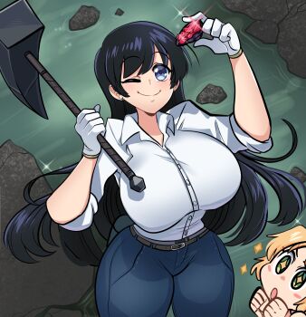 +_+ 2girls arato_nagi belt black_hair blonde_hair blue_eyes blue_pants blush_stickers breasts commentary english_commentary gem highres holding holding_gem holding_pickaxe large_breasts long_hair missandydandy multiple_girls one_eye_closed open_mouth pants pickaxe ruri_no_houseki shirt tanigawa_ruri white_shirt