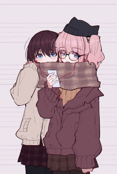 Rule 34 | 2girls, absurdres, black pantyhose, blue eyes, brown cardigan, brown hair, brown scarf, brown skirt, brown sweater, cardigan, chinese commentary, commentary request, earphones, girls band cry, glasses, grey eyes, highres, hina (girls band cry), iseri nina, jacket, multiple girls, pantyhose, pink hair, plaid clothes, pleated skirt, red jacket, red skirt, scarf, shared clothes, shared earphones, shared scarf, short hair, short twintails, skirt, sweater, twintails, yun cao bing, yuri