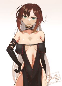 1girl arm_strap bare_shoulders black_dress black_gloves blush breasts brown_hair center_opening choker cleavage dress elbow_gloves fate/grand_order fate_(series) gloves green_eyes highres long_hair looking_at_viewer medium_breasts navel open_mouth panda=hiro ribbon-trimmed_dress ribbon_trim solo very_long_hair yu_mei-ren_(fate) yu_mei-ren_(second_ascension)_(fate)