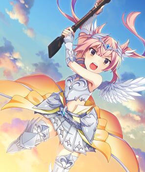 1girl armor armored_skirt arms_up bare_shoulders blue_gemstone blue_sky blush bracer breastplate breasts brown_eyes circlet cloud dot_nose feathered_wings game_cg gem gradient_sky greaves holding holding_sword holding_weapon huge_weapon incoming_attack long_hair looking_at_viewer mashiko_kaoru midair midriff morning official_art open_mouth orange_skirt outdoors pink_hair showgirl_skirt skirt sky small_breasts solo sword teeth third-party_source toji_no_miko toji_no_miko:_kizamishi_issen_no_tomoshibi twintails two-handed upper_teeth_only valkyrie weapon white_wings wings yellow_sky