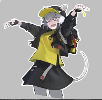 Rule 34 | 1girl, :d, ^ ^, animal ears, arknights, arms up, art program in frame, backpack, bag, baseball cap, black bag, black gloves, black hat, black jacket, black skirt, click (arknights), closed eyes, cowboy shot, cropped legs, double v, ears through headwear, fingerless gloves, gloves, grey background, grey hair, grey pantyhose, hat, jacket, kusami toka naku au, mouse ears, mouse girl, mouse tail, open clothes, open jacket, open mouth, outline, pantyhose, shirt, short hair, simple background, single glove, skirt, smile, solo, tail, v, white outline, yellow shirt