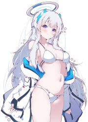 Rule 34 | 1girl, alternate costume, bikini, blue archive, blunt bangs, blush, breasts, cleavage, closed mouth, collarbone, commentary, halkawa501, halo, highres, jacket, jacket partially removed, large breasts, long hair, long sleeves, looking at viewer, mechanical halo, navel, noa (blue archive), purple eyes, sidelocks, simple background, smile, solo, standing, stomach, swimsuit, two-sided fabric, two-sided jacket, white background, white bikini, white hair, white halo, white jacket