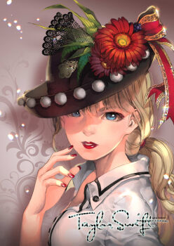 1girl animification blonde_hair blue_eyes character_name female_focus flower hat highres kawacy lipstick long_hair looking_at_viewer makeup nail_polish real_life solo taylor_swift