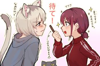 Rule 34 | 2girls, animal ears, ayataka syumimi, blue eyes, blush, brown hair, cat, cat day, cat ears, cat girl, cat tail, commentary, girls band cry, grey eyes, grey hair, grey hoodie, highres, hood, hood down, hoodie, iseri nina, jacket, kawaragi momoka, kemonomimi mode, long hair, low twintails, multicolored hair, multiple girls, open mouth, red jacket, roots (hair), short hair, short twintails, tail, translation request, twintails, upper body, zipper pull tab