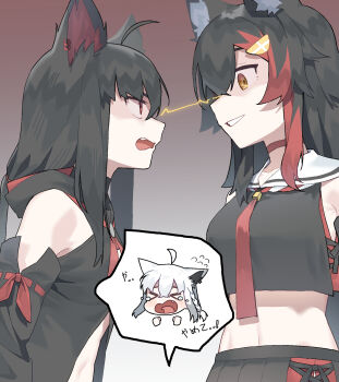 &gt;_&lt; 3girls ahoge animal_ear_fluff animal_ears black_hair blush braid flying_sweatdrops fox_ears fox_girl hair_between_eyes hair_ornament hairclip highres hololive kurokami_fubuki lightning_glare long_hair mean_0603 multicolored_hair multiple_girls ookami_mio ookami_mio_(1st_costume) open_mouth red_eyes red_hair shirakami_fubuki shirt single_braid sparks streaked_hair tail translation_request virtual_youtuber wolf_ears wolf_girl wolf_tail yellow_eyes