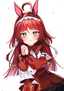 1girl absurdres ahoge animal_ears blunt_bangs blush closed_mouth commentary_request hairband highres horse_girl jewelry kumeuma long_hair necklace own_hands_together red_desire_(umamusume) red_hair simple_background smile solo sparkle umamusume white_background yellow_eyes