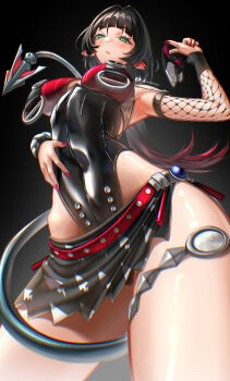 1girl absurdres alternate_eye_color animal_ears armpits artist_name black_background black_hair black_one-piece_swimsuit black_sarong blush breast_curtains breasts closed_mouth commentary covered_navel cowboy_shot earrings english_commentary fingernails fishnet_sleeves fishnets gradient_background green_eyes grey_background highres holding holding_knife jane_doe_(nocturne_of_light)_(zenless_zone_zero) jane_doe_(zenless_zone_zero) jewelry kenn_artz knife leather_leotard long_hair looking_at_viewer medium_breasts mouse_ears mouse_girl mouse_tail multicolored_hair notched_ear official_alternate_costume one-piece_swimsuit red_hair red_nails red_one-piece_swimsuit sarong sharp_tail solo swimsuit tail thigh_strap two-tone_one-piece_swimsuit zenless_zone_zero