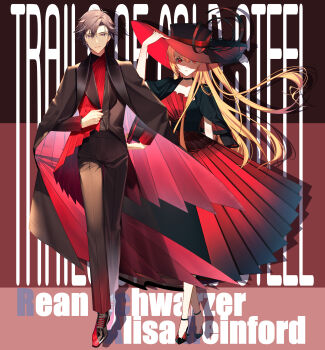 Rule 34 | 1boy, 1girl, absurdres, ahoge, alisa reinford, black choker, black hair, black suit, blonde hair, character name, choker, copyright name, double-parted bangs, dress, eiyuu densetsu, english text, floating hair, formal clothes, full body, hair between eyes, high heels, highres, izkasuzu, long hair, looking at viewer, parted bangs, purple eyes, rean schwarzer, red dress, red eyes, sen no kiseki (series), simple background, smile, suit