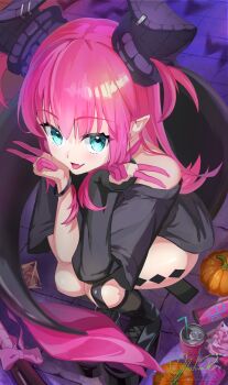 1girl absurdres baseball_bat black_boots black_shirt black_shoes blue_eyes body_markings boots bracelet colored_fingertips cup disposable_cup double_v dragon_girl dragon_horns dragon_tail drinking_straw elizabeth_bathory_(fate) elizabeth_bathory_(perfect)_(fate) elizabeth_bathory_(perfect)_(first_ascension)_(fate) fate/grand_order fate_(series) highres horns jewelry kneehighs legwear_garter long_hair long_shirt looking_at_viewer nail_(hardware) nail_bat open_mouth pink_hair pointy_ears pumpkin ribbon ring shafurakafusha shirt shoes single_legwear_garter socks soda solo streetwear t-shirt tachi-e tail v very_long_hair