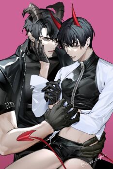 2boys alternate_costume black_eyes black_hair black_jacket black_shorts cowboy_shot curtained_hair demon_horns demon_tail glaring hand_on_another&#039;s_face hand_on_another&#039;s_waist heterochromia holding_another&#039;s_wrist horns jacket kim_dokja kyou_tayaoi looking_at_viewer male_focus multiple_boys muscular muscular_male omniscient_reader&#039;s_viewpoint pointy_ears sheep_horns short_hair short_shorts shorts sitting sitting_on_lap sitting_on_person stomach tail two-tone_shirt yaoi yellow_eyes yoo_joonghyuk