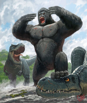 abs ape artist_name bleeding blood claws day dinosaur facial_scar fangs giant giant_monster gorilla gyan_(akenosuisei) highres jungle king_kong king_kong_(2005) king_kong_(series) monster muscular muscular_other nature no_humans open_mouth orange_eyes pectorals rainforest roaring scar scar_on_cheek scar_on_chest scar_on_face scar_on_nose scar_on_stomach sharp_teeth signature signed tail teeth tongue tree universal_studios vastatosaurus_rex wingnut_films