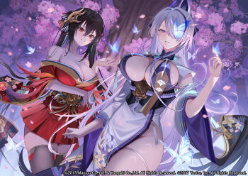2girls amahara_subaru azur_lane bare_shoulders black_hair black_ribbon black_thighhighs blue_butterfly breasts bug butterfly center_opening cleavage collarbone commentary_request copyright_notice cowboy_shot crossed_bangs dutch_angle falling_petals floral_print floral_print_kimono floral_print_sash hair_between_eyes hair_over_one_eye hair_ribbon highres insect japanese_clothes kimono large_breasts looking_at_viewer mask mask_on_head multiple_girls official_art parted_lips petals print_kimono purple_trim red_eyes red_kimono red_ribbon ribbon sash sidelocks skindentation smile standing striped_ribbon taihou_(azur_lane) thigh_strap thighhighs tree two-tone_ribbon unzen_(azur_lane) vertical-striped_ribbon white_kimono wide_sleeves zettai_ryouiki