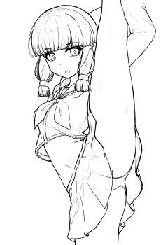 1girl absurdres blunt_bangs commentary_request cowboy_shot highres kantai_collection kinakomochi_(testament05) kitakami_(kancolle) kitakami_kai_ni_(kancolle) lineart looking_at_viewer midriff panties pantyshot pleated_skirt school_uniform serafuku skirt solo split standing standing_on_one_leg standing_split tres_ribbon underwear