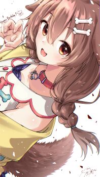 Rule 34 | 1girl, absurdres, animal ears, bone hair ornament, brown eyes, brown hair, claw pose, collar, commentary, dog ears, dog girl, dog tail, dress, hair ornament, highres, hololive, inugami korone, inugami korone (1st costume), jacket, looking at viewer, open mouth, red collar, smile, solo, tail, u da desu, virtual youtuber, white background, white dress, yellow jacket