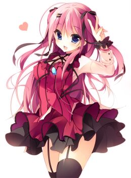 1girl :d ahoge black_thighhighs blue_eyes blush bow cowboy_shot dress female_focus garter_straps hair_ornament hairclip heart himukai_kanata jewelry kami_no_ue_no_mahou_tsukai long_hair looking_at_viewer necklace open_mouth petticoat pink_hair red_dress ribbon skirt smile solo sushimekabu thighhighs uguisu_kagura v white_background