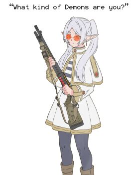 1girl anachronism black_pantyhose blurry blurry_background boots brown_boots capelet cimol95 civil_war_(2024) commentary cowboy_shot earrings elf english_text expressionless frieren glasses gold_trim green_eyes grey_hair gun hair_over_shoulder highres holding holding_weapon ibispaint_(medium) jewelry light_rays long_pointy_ears long_sleeves nature outdoors pantyhose parted_bangs pointy_ears pump_action remington_870 shirt shotgun skirt solo sousou_no_frieren striped_clothes striped_shirt sunglasses teardrop_earrings tree twintails twitter_username weapon white_capelet white_skirt