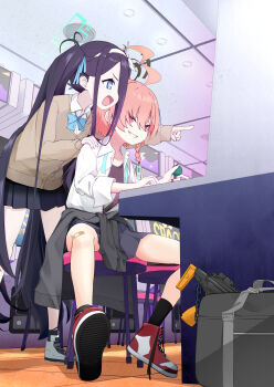 2girls absurdres ahoge alternate_costume arcade_cabinet aris_(blue_archive) bag bandaid bandaid_on_knee bandaid_on_leg black_hair black_skirt blue_archive blue_eyes brown_cardigan cardigan clothes_around_waist commentary_request front-to-back grin halo hand_on_another&#039;s_shoulder highres huge_ahoge indoors jacket jacket_around_waist long_hair miniskirt multiple_girls neru_(blue_archive) neru_(school_uniform)_(blue_archive) official_alternate_costume playing_games pointing red_eyes red_hair red_shoes school_bag shirt shoes sitting skirt smile sneakers tarasoisoos very_long_hair white_shirt