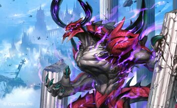 broken_pillar claws diawl horns kometani_hisanobu monster monster_focus no_humans official_art shadowverse shadowverse:_worlds_beyond sharp_teeth spiked_tail stone_pillar tail teeth