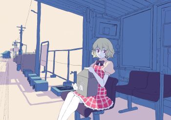 1girl absurdres basin bench black_bow black_bowtie bow bowtie box building bush cable colored_skin commentary_request dress expressionless faucet feet_out_of_frame green_hair highres holding holding_box kazami_yuuka knees looking_to_the_side on_bench plaid_clothes plaid_dress power_gorillas power_lines puffy_short_sleeves puffy_sleeves railroad_tracks red_dress red_eyes screen shadow short_sleeves sign solo tassel touhou train_station train_station_platform utility_pole white_background white_skin white_sleeves