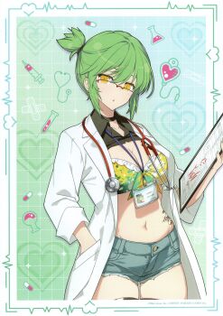 1girl :o absurdres black_choker black_thighhighs bra breast_tattoo breasts choker cleavage clipboard coat copyright_notice crop_top denim denim_shorts earrings glasses green_hair groin highres hikage_(senran_kagura) hip_tattoo holding holding_clipboard id_card id_photo jewelry lab_coat large_breasts looking_at_viewer navel non-web_source official_alternate_hairstyle official_art open_clothes open_coat ponytail print_bra red-framed_eyewear scan self-scan senran_kagura senran_kagura_new_link short_ponytail shorts shrug_(clothing) skindentation slit_pupils snake_tattoo solo splatter_print stethoscope_around_neck tattoo thighhighs underwear yaegashi_nan yellow_eyes
