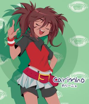 1girl belt breasts brown_hair caipirinha_(meme) caramella_girls closed_eyes commentary cowboy_shot dark-skinned_female dark_skin drop_shadow english_commentary hand_on_own_hip hand_up highres meme open_mouth petite red_shirt shirt short_hair short_twintails shorts skirt small_breasts solo standing tan twintails vera_(caramella_girls) verafan4ever white_skirt