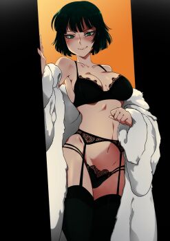 1girl alternate_costume bare_shoulders black_background black_bra black_panties black_thighhighs blush bra breasts coat collarbone colorized fubuki_(one-punch_man) fur_coat fur_trim garter_belt garter_straps green_eyes green_hair highres jcm2 lingerie looking_at_viewer medium_breasts off-shoulder_coat off_shoulder one-punch_man panties satansoft1 self-upload short_hair simple_background solo thighhighs underwear white_background