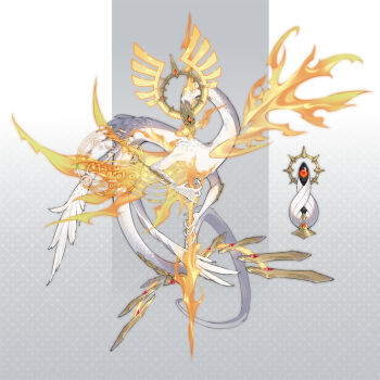 Rule 34 | 1other, angelic angel, bottle, breath weapon, breathing fire, commentary request, dragon, extra eyes, feathered wings, feathers, fire, flaming sword, flaming weapon, head wings, holding, holding sword, holding weapon, jewelry, maruneko, multiple wings, no humans, original, pixiv username, ring, simple background, solo, spirit, sword, two-tone background, weapon, white feathers, white scales, wings
