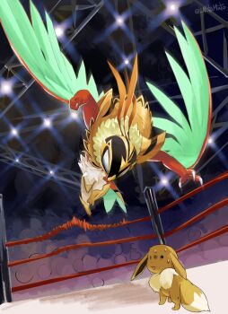 bird black_eyes blank_eyes brown_fur claws dynamic_pose eevee feathers gen_1_pokemon gen_6_pokemon hawlucha highres luchador luchador_mask mare_(notamato) mask mega_hawlucha mega_pokemon nintendo open_mouth pokemon pokemon_(creature) pokemon_focus surprised sweat wing_cape wrestling_ring