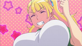 1girl animated animated_gif anime_screenshot blonde_hair blush bouncing_breasts breasts closed_eyes earrings galko gyaru gym_uniform huge_breasts jewelry large_breasts nail_polish oshiete!_galko-chan running sweat