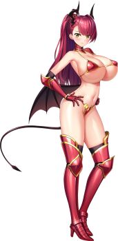 1girl absurdres armor armored_boots bikini_armor black_horns blush boots breasts celestia_lashiel cleavage closed_mouth collar demon_girl demon_horns demon_tail demon_wings derauea full_body game_cg gauntlets greaves hands_on_own_hips high_heels high_ponytail highres horns huge_breasts knight long_hair looking_at_viewer low_wings metal_collar motto!_haramase!_(series) motto!_haramase!_honoo_no_oppai_isekai_chou_ero_succubus_gakuen! navel non-web_source official_art ponytail red_armor red_hair revealing_clothes shoulder_armor single_hair_intake smile solo sprite standing tachi-e tail transparent_background wings yellow_eyes
