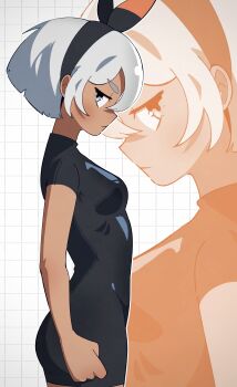 1girl absurdres bea_(pokemon) black_bodysuit black_hairband bob_cut bodysuit bow_hairband clenched_hand closed_mouth commentary dark-skinned_female dark_skin english_commentary from_side gjh grey_eyes grey_hair hairband highres looking_at_viewer nintendo pokemon pokemon_swsh short_hair short_sleeves sideways_glance zoom_layer
