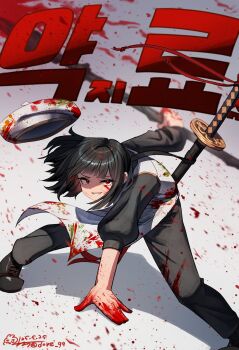 1girl 99dulgi absurdres apron black_hair black_pants blood blood_on_clothes blood_on_face blood_on_ground blood_on_hands commentary_request dated eyelashes floating_hair from_above hat highres holding holding_weapon korean_commentary limbus_company looking_at_viewer medium_hair pants project_moon ring_(identity)_(project_moon) ryoshu_(project_moon) shaded_face signature smile solo sword sword_on_back teeth weapon weapon_on_back white_apron white_hat