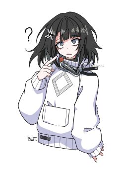 Rule 34 | 1girl, ?, arknights, arknights: endfield, bastetris, black hair, commentary, cropped torso, endministrator (arknights), female endministrator (arknights), grey eyes, highres, jacket, long sleeves, looking at viewer, medium hair, open mouth, pointing, pointing at self, puffy long sleeves, puffy sleeves, simple background, sleeves past wrists, solo, turtleneck, turtleneck jacket, twitter username, white background, white jacket
