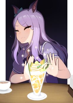 1girl absurdres animal_ears aqua_bow berry bow bowtie clenched_teeth closed_eyes commentary_request cup dark_background dessert dot_nose drinking_glass ear_bow eyes_visible_through_hair facing_to_the_side flying_sweatdrops food frown fruit furrowed_brow highres horse_ears horse_girl kakawa long_hair mejiro_mcqueen_(umamusume) melon outside_border outstretched_arms outstretched_hand parfait parfait_glass pillarboxed puffy_short_sleeves puffy_sleeves purple_bow purple_bowtie purple_hair purple_shirt purple_trim sailor_collar school_uniform shirt short_sleeves solo sparkle summer_uniform swept_bangs table tea teacup teardrop teeth tracen_school_uniform umamusume upper_body whipped_cream wooden_table