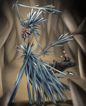 1boy 1girl blush cave exposed_heart heart hetero highres indoors knife lying on_back princess_(slay_the_princess) rainsquall slay_the_princess standing the_hero_(slay_the_princess) the_razor_(slay_the_princess)