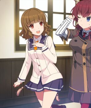 2girls :d black_socks blazer blue_eyes blue_pupils blue_sailor_collar blue_skirt blunt_bangs blush breasts brown_hair brown_jacket buttons clenched_hand day dot_nose double-breasted game_cg hand_in_own_hair hand_on_own_chest indoors jacket konohana_suzuka long_sleeves looking_at_another medium_breasts multiple_girls naeba_wakako necktie official_art one_eye_closed open_mouth origami_family's_elite_guard_uniform pantyhose red_eyes red_hair red_necktie red_pantyhose red_pupils renpu_girls_school_uniform sailor_collar school_uniform shirt skirt small_sweatdrop smile socks striped_clothes striped_shirt teeth third-party_source toji_no_miko toji_no_miko:_kizamishi_issen_no_tomoshibi upper_teeth_only walking wavy_hair white_jacket white_shirt window yellow_necktie